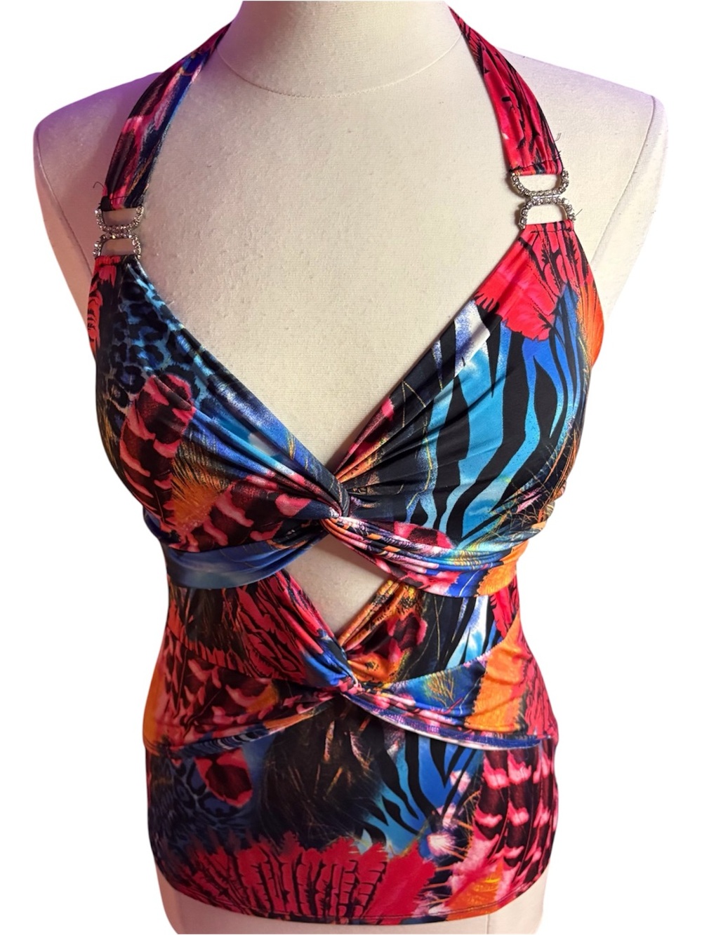 Rhinestoned hardware Y2K animal print abstract club style top